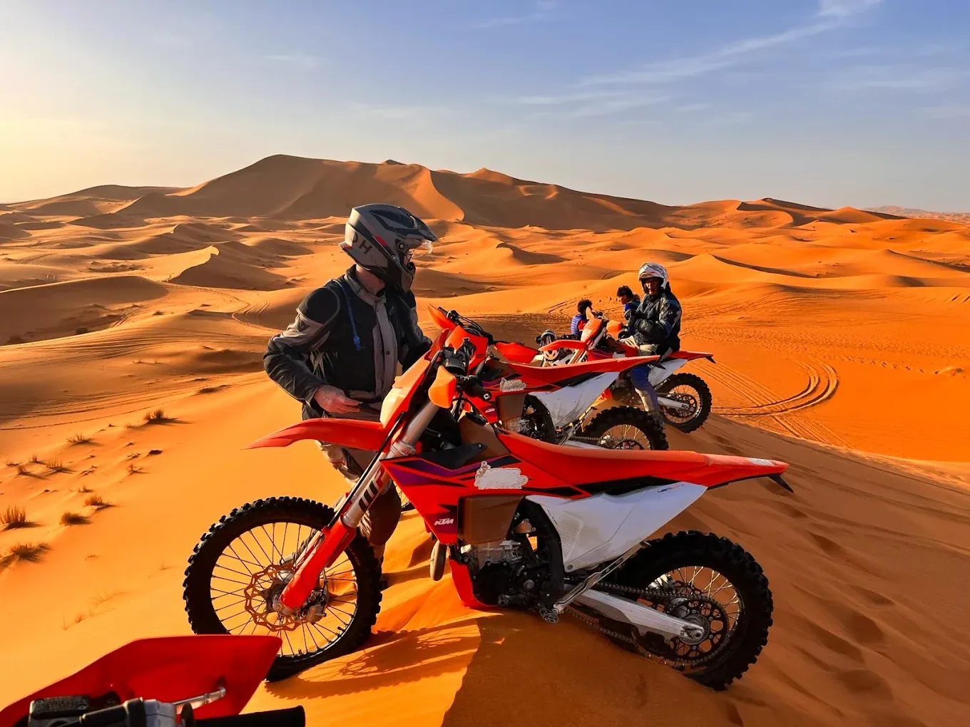 Enduro motorcycle in desert terrain: Merzouga — Tafraout — M'Harech